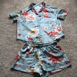 Floral Satin Short Pajama Set - Button Down Top w/ Matching Shorts